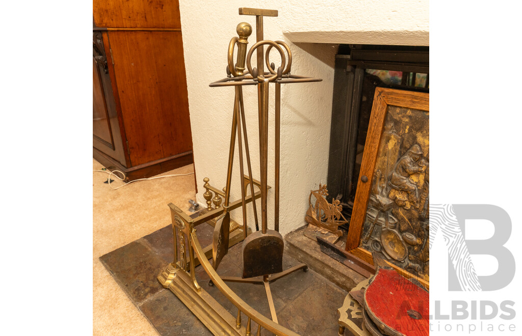 Art Nouveau Brass Fire Guard with Tools, Bellows and Trivets