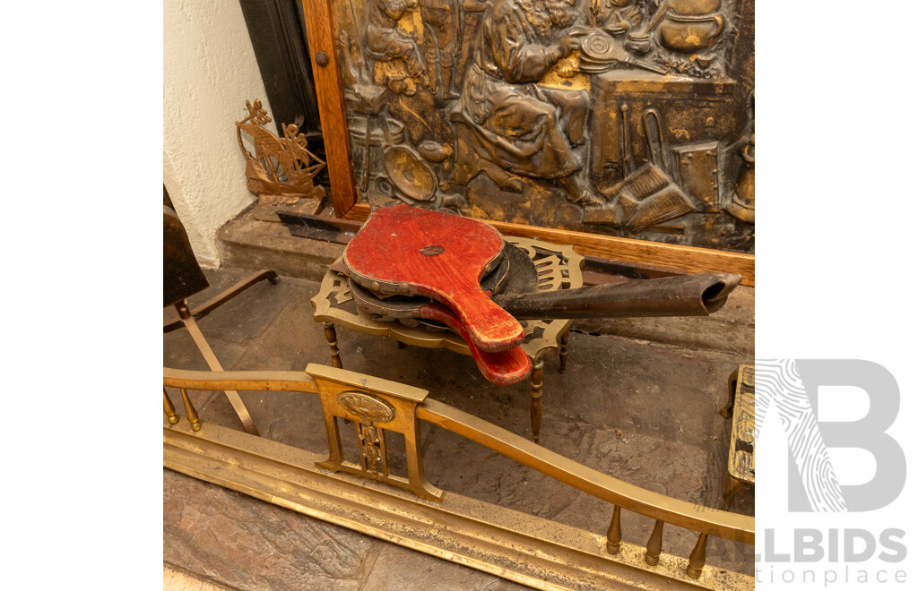 Art Nouveau Brass Fire Guard with Tools, Bellows and Trivets