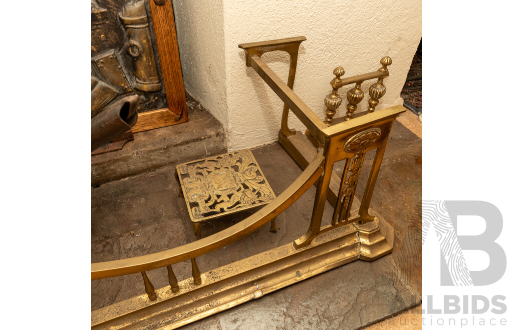 Art Nouveau Brass Fire Guard with Tools, Bellows and Trivets