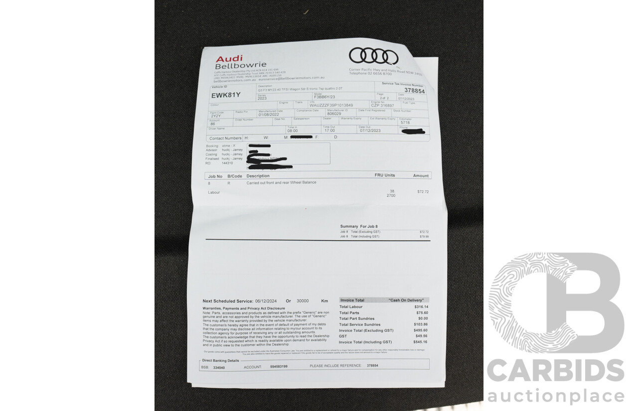 11/2022 Audi Q3 40 TFSI Quattro (AWD) F3 MY23 4d Wagon Glacier White Metallic Turbo 2.0L