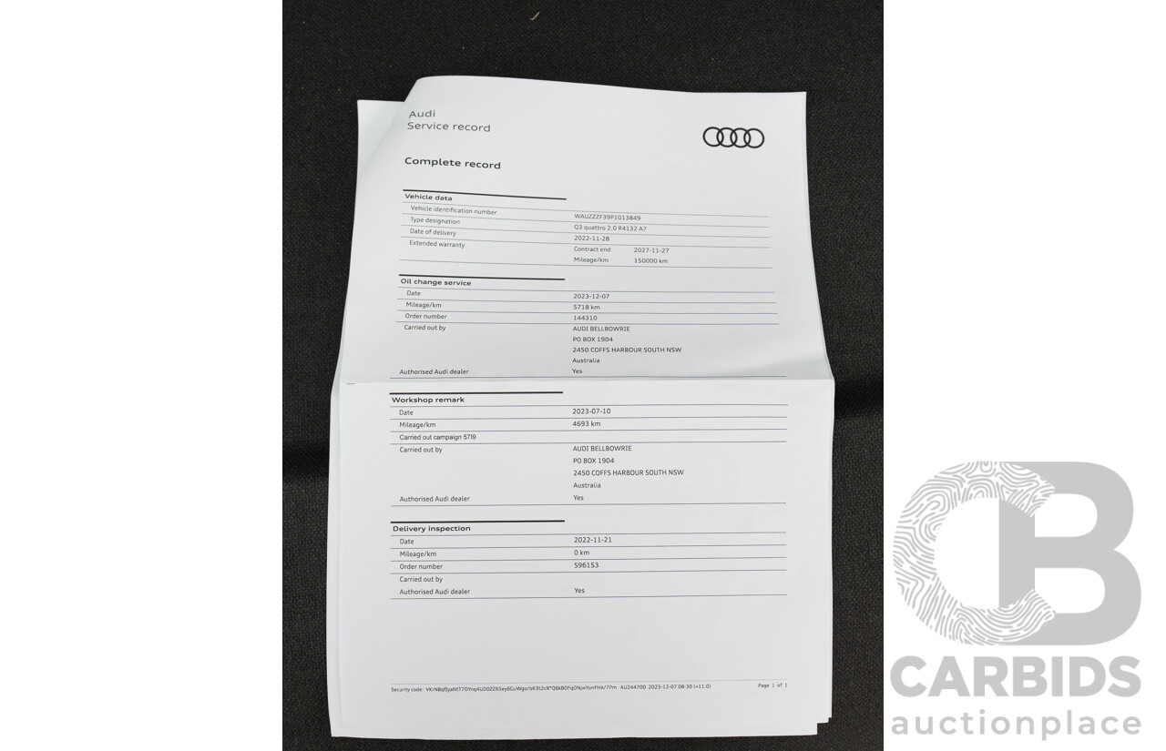 11/2022 Audi Q3 40 TFSI Quattro (AWD) F3 MY23 4d Wagon Glacier White Metallic Turbo 2.0L