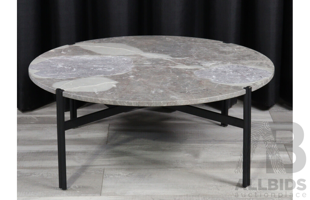 Round Marble Top Coffee Table Over Metal Base