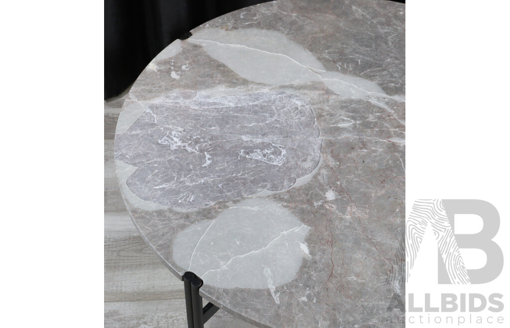 Round Marble Top Coffee Table Over Metal Base