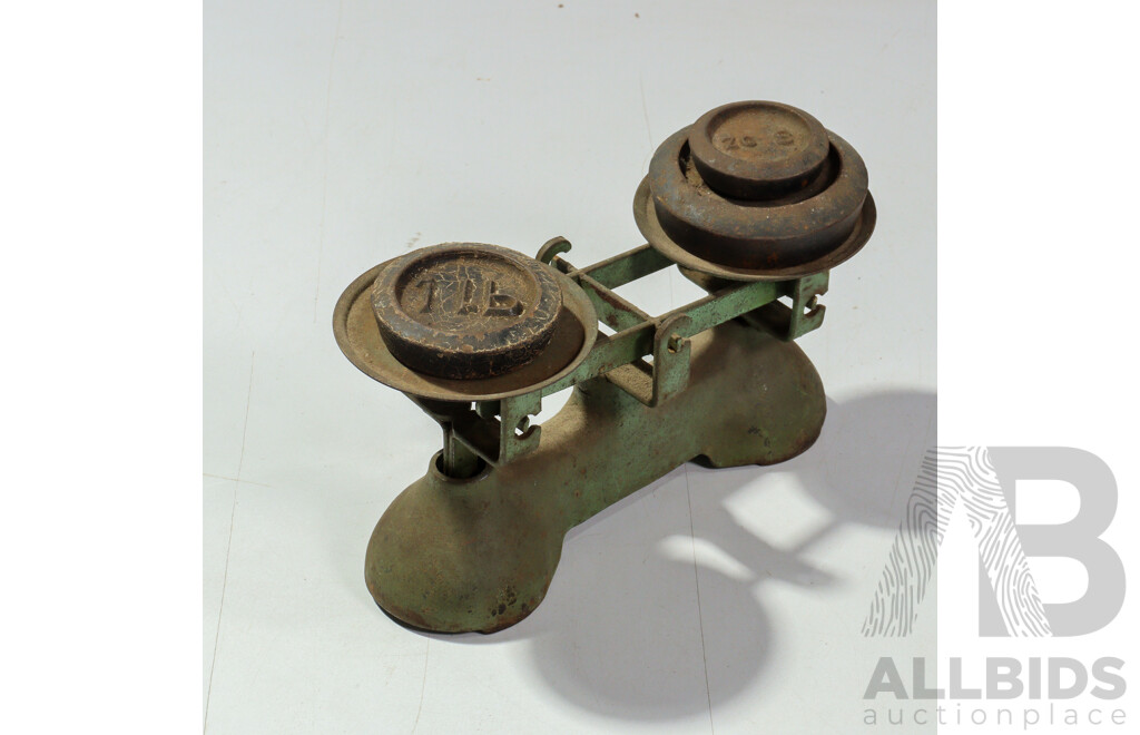 Antique Set Cast Iron Balance Scales with Three Weights