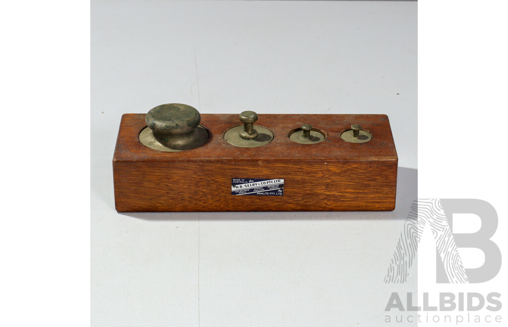 Antique Set Cast Brass Scale Weights in Original Wooden Case by H B Selby & Co, Australia