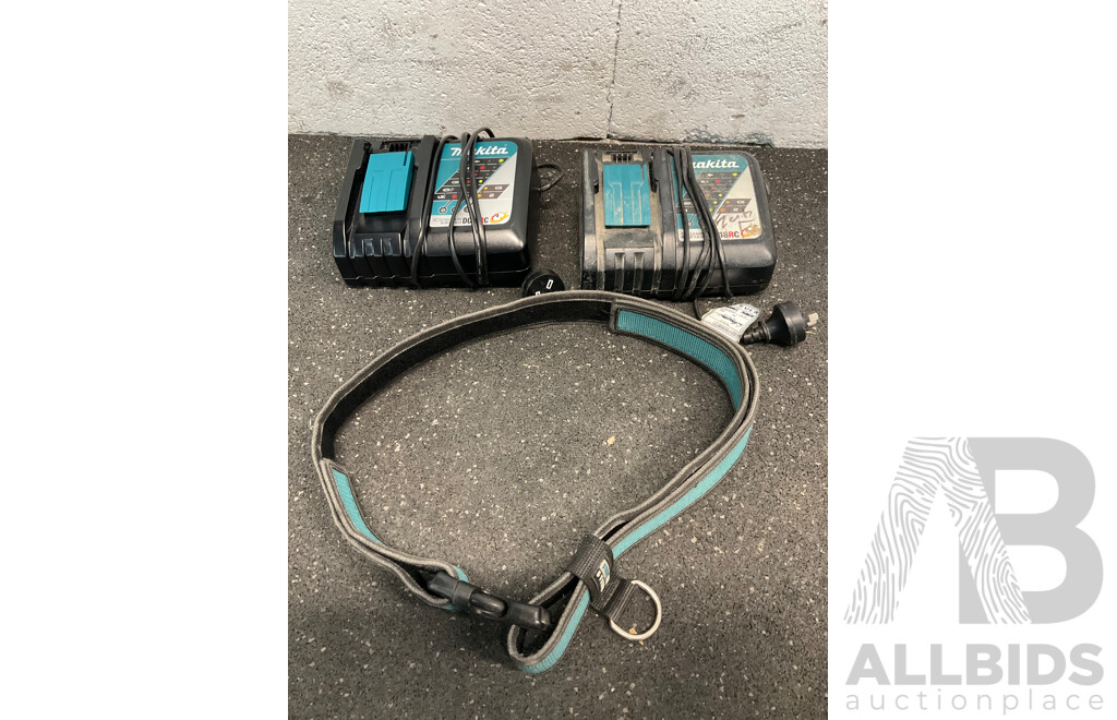 MAKITA DC18RC Battery Charger (x2) and MAKITA Quick Release Belt - Lot of 3
