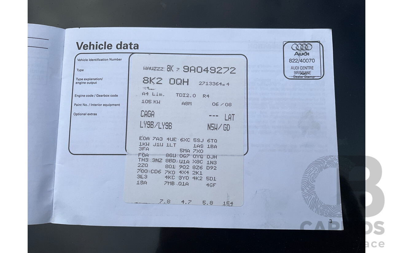 1/2008 Audi A4 2.0 TDI B8 (8K) 4d Sedan Brilliant Black Turbo Diesel 2.0L