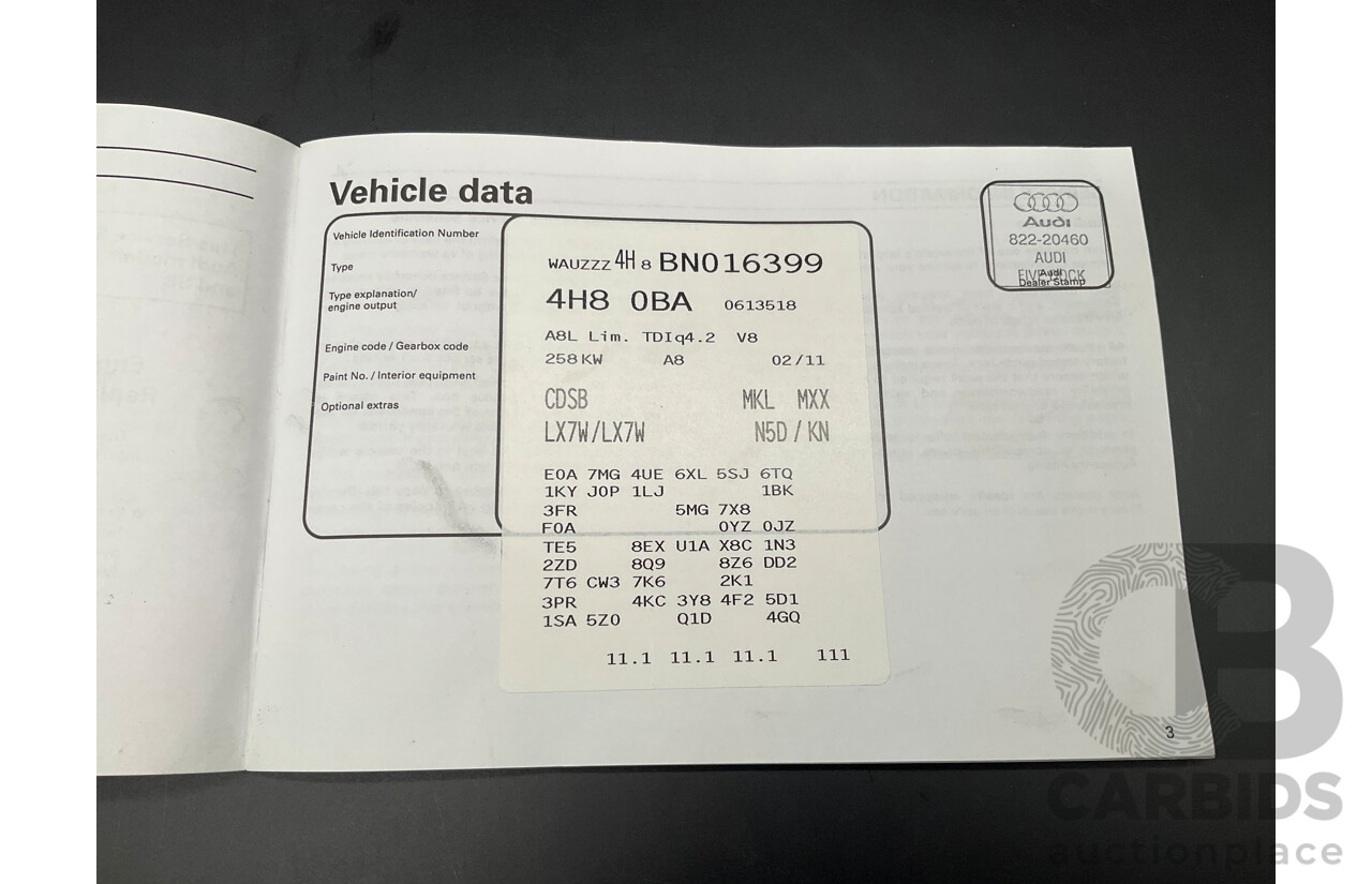 4/2011 Audi A8 L 4.2 TDI Quattro 4H 4d Sedan Ice Silver Metallic Twin Turbo Diesel V8 4.1L