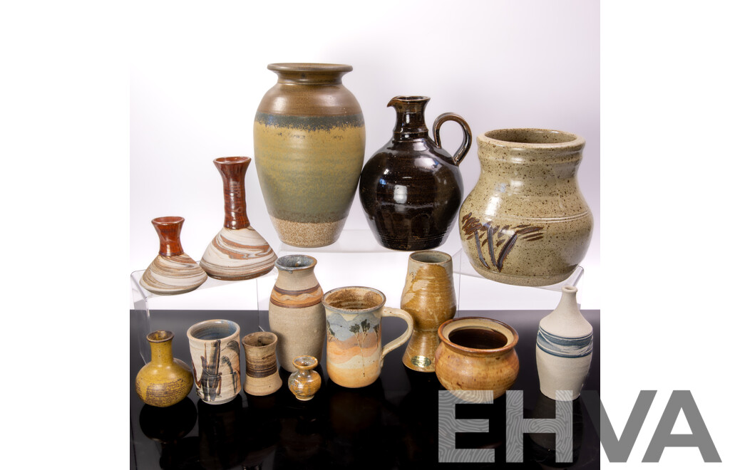 Collection Vintage Australian Studio Pottery Including Goblet by Old Coolangatta Pottery, Mug by Taggerty Pottery, Two Vases Signed Gough to Base and More