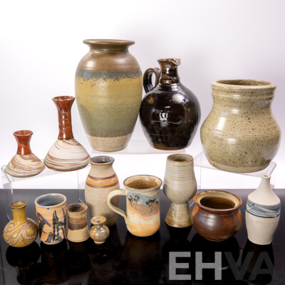 Collection Vintage Australian Studio Pottery Including Goblet by Old Coolangatta Pottery, Mug by Taggerty Pottery, Two Vases Signed Gough to Base and More