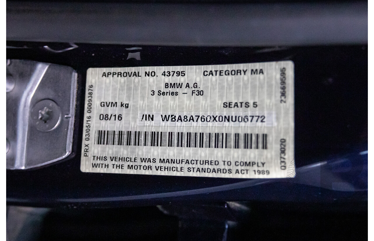 08/2016 BMW 330i Luxury Line (RWD) F30 LCI 4d Sedan Imperial Blue Brilliant Effect Metallic Turbo 2.0L