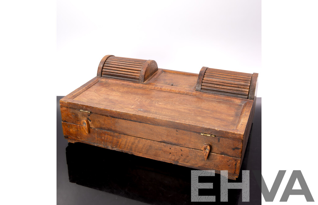 Vintage Subcontinental Wooden Desk Writing Standish with Dual Roll Top Action
