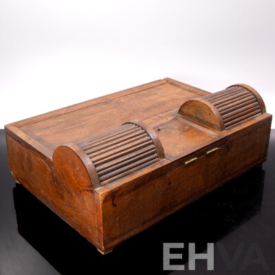 Vintage Subcontinental Wooden Desk Writing Standish with Dual Roll Top Action