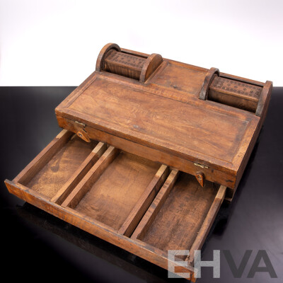 Vintage Subcontinental Wooden Desk Writing Standish with Dual Roll Top Action