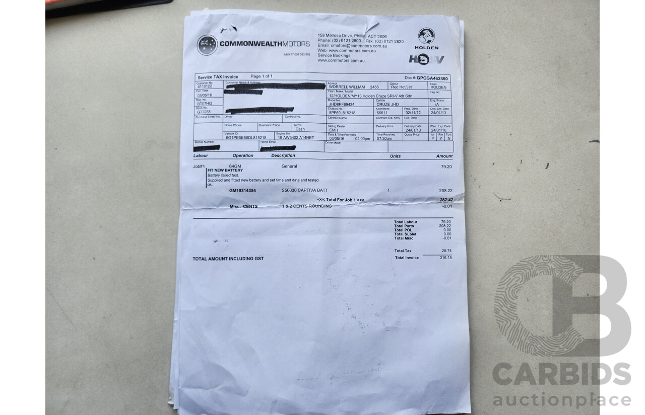 10/2012 Holden Cruze SRi V JH MY13 4d Sedan Red 1.4L