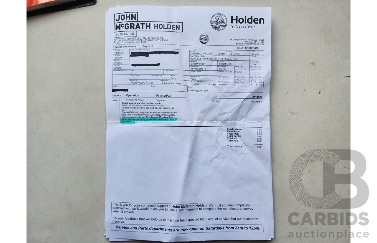 10/2012 Holden Cruze SRi V JH MY13 4d Sedan Red 1.4L