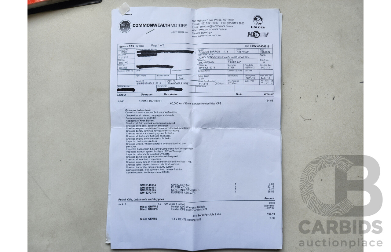 10/2012 Holden Cruze SRi V JH MY13 4d Sedan Red 1.4L