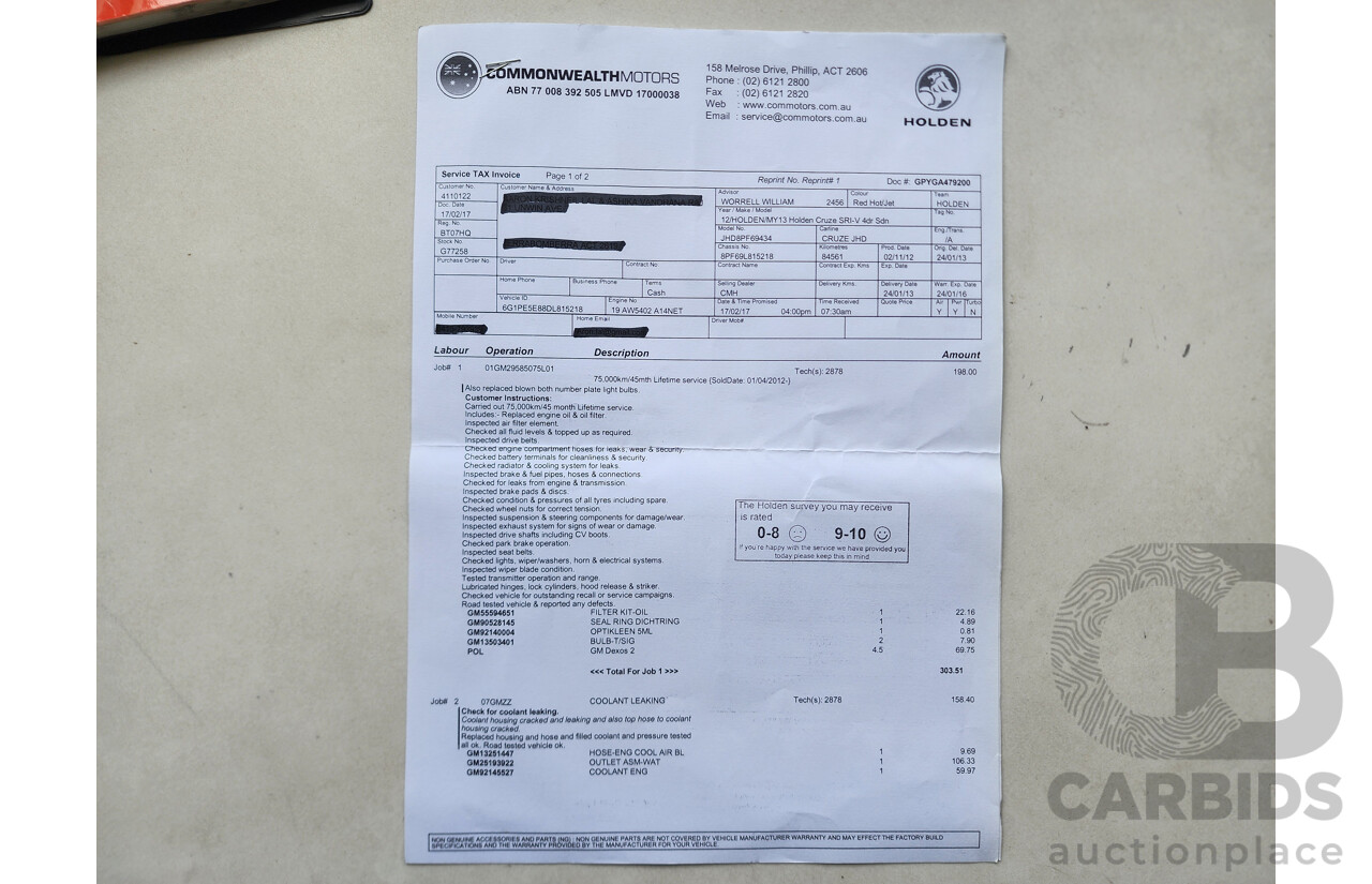 10/2012 Holden Cruze SRi V JH MY13 4d Sedan Red 1.4L