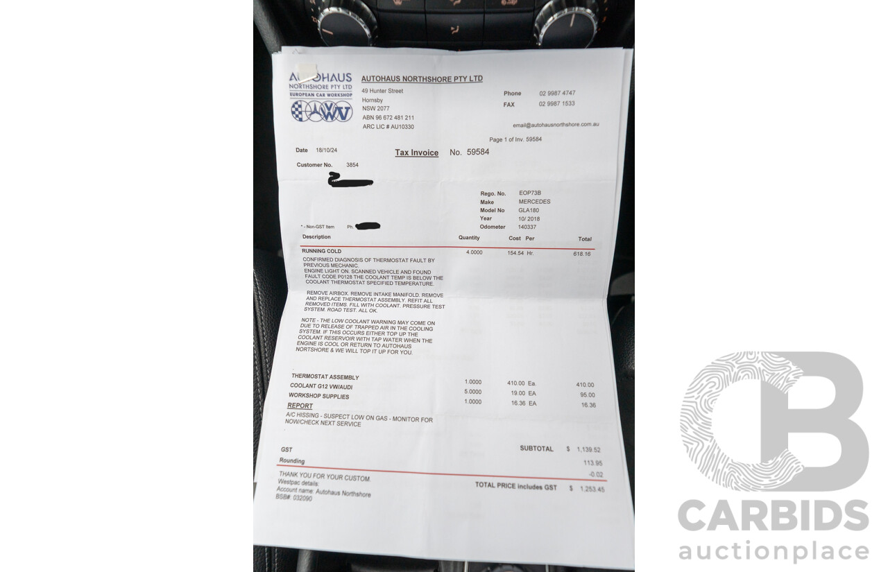 10/2018 Mercedes Benz GLA 180 X156 809MY 4d Wagon Cavansite Blue Metallic Turbo 1.6L