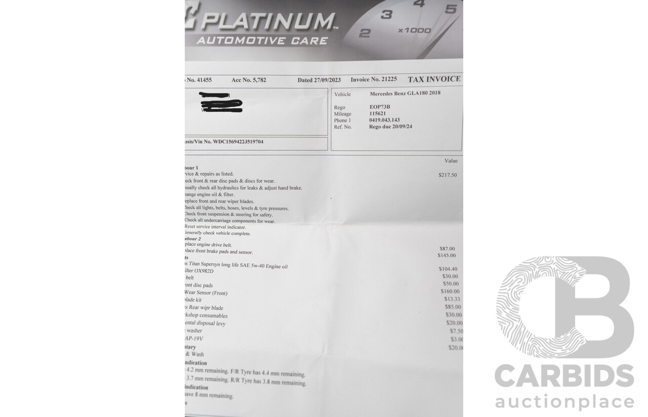 10/2018 Mercedes Benz GLA 180 X156 809MY 4d Wagon Cavansite Blue Metallic Turbo 1.6L