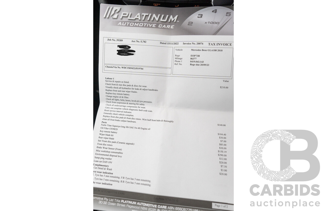 10/2018 Mercedes Benz GLA 180 X156 809MY 4d Wagon Cavansite Blue Metallic Turbo 1.6L