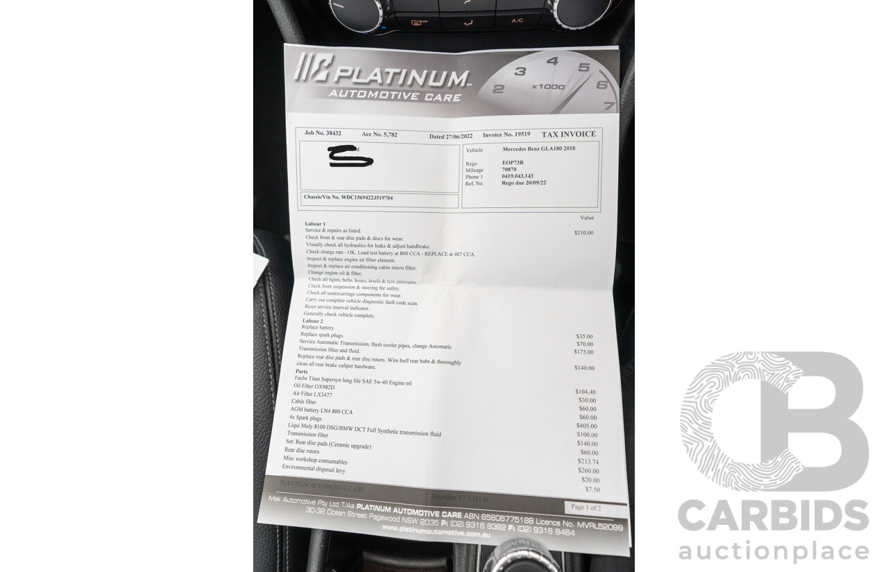 10/2018 Mercedes Benz GLA 180 X156 809MY 4d Wagon Cavansite Blue Metallic Turbo 1.6L