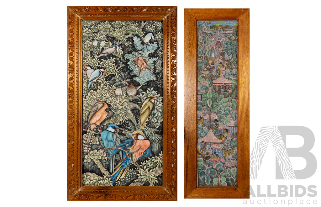 Artists Unknown (20th Century, Balinese School), Birds of Paradise & Village Life, Lovely Pair of Vintage Hand Painted Pigment on Linen Cloth, 89 x 32 cm (largest frame) (2)