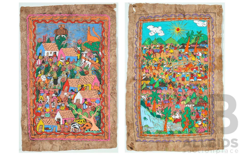 Artist Unknown, (20th Century), Village Life I & II, Vintage Mexican Folk Art Scenes, Tempera on Amate Bark Paper, 59 x 38 cm (2)