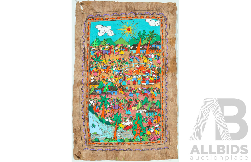 Artist Unknown, (20th Century), Village Life I & II, Vintage Mexican Folk Art Scenes, Tempera on Amate Bark Paper, 59 x 38 cm (2)