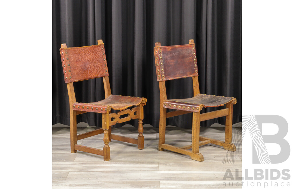 Pair of Oak Dining Chairs with Leather Sling Upholstery