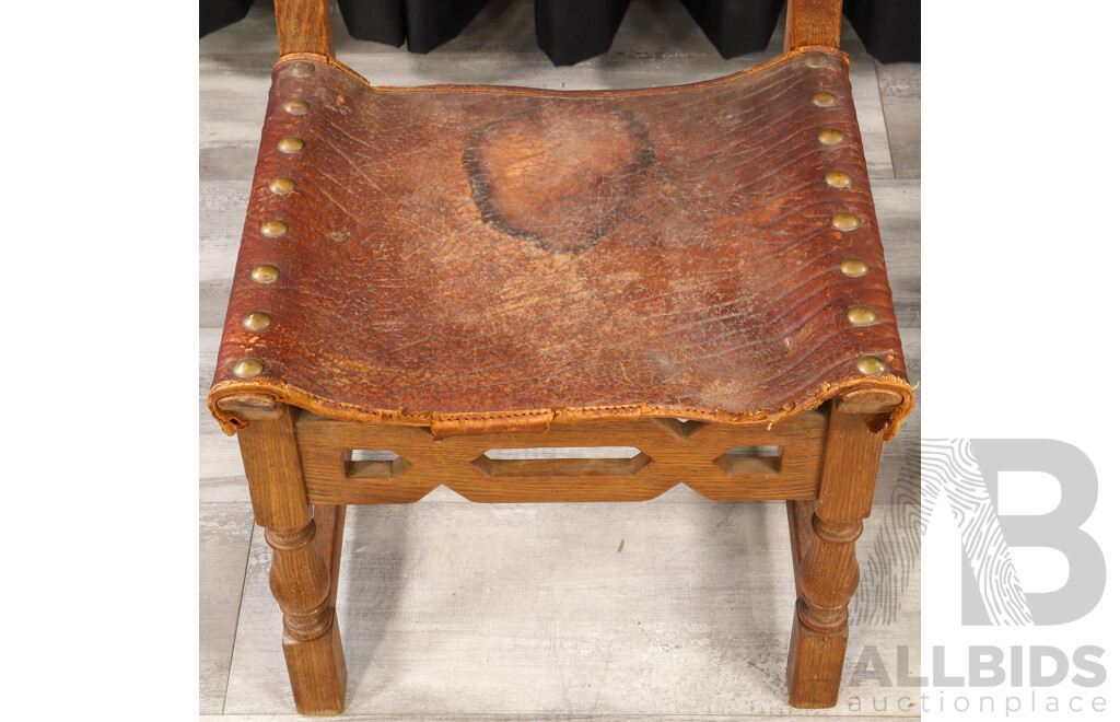 Pair of Oak Dining Chairs with Leather Sling Upholstery