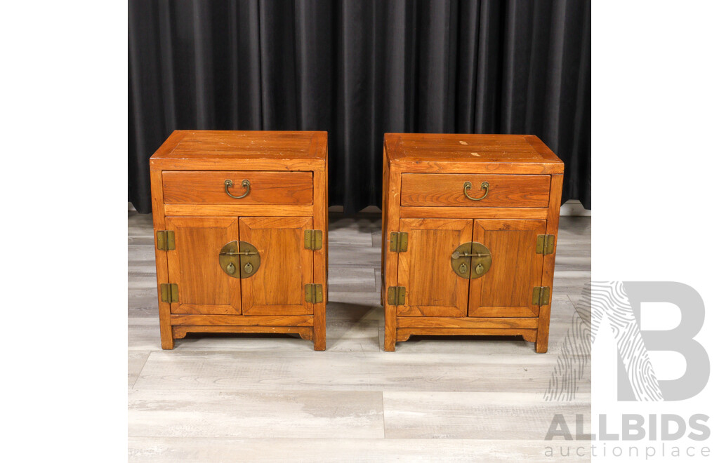 Pair of Chinese Elm Two Door Bedside Cabinets