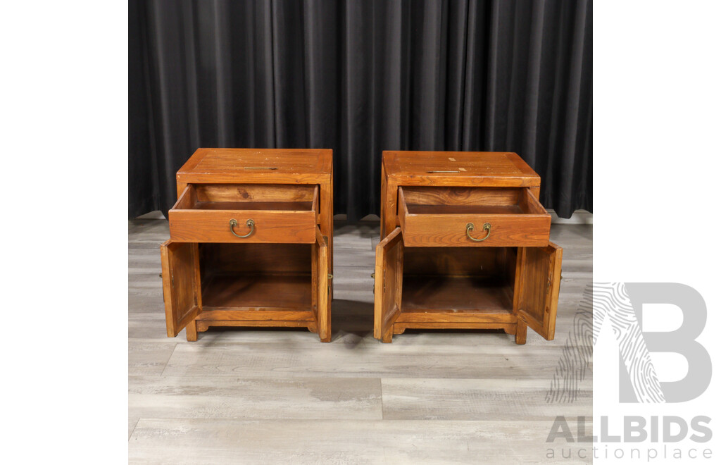 Pair of Chinese Elm Two Door Bedside Cabinets