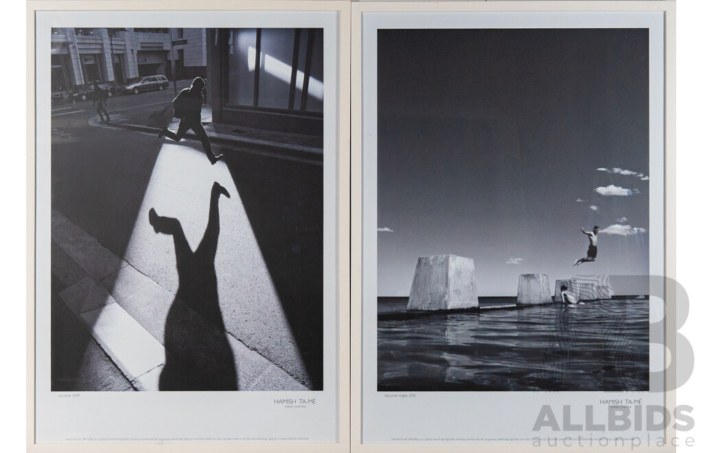 Hamish Ta-me, (2-0th Century, Australian), City Jump (2008) & Boy Jump Coogee (2005), Wonderful Pair of Black & White Poster Prints From Original Photographs, 87 x 63 cm (frames) (2)