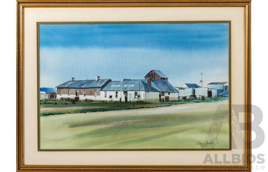 David Thornton (20th Century, British-Australian, 1937-), Country Buildings (1976), Original Vintage Watercolour, 37 6x 64 cm (frame)