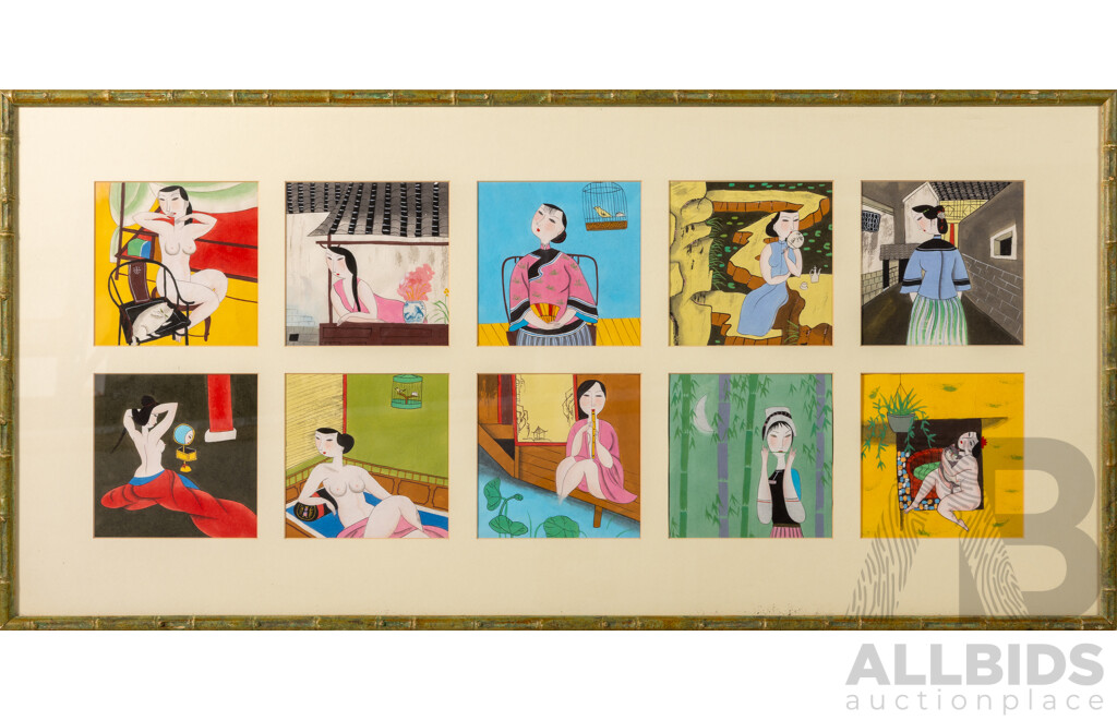 (After) Hu Yongkai, (20th Century, Chinese, 1945-), Ten Scenes - Day in the LIfe of a Lady, Original Ink & Colour on Paper, 44 x 90 cm (frame)