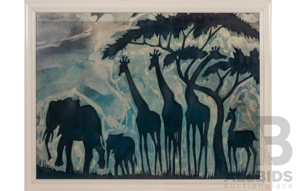 Artist Unknown, (20th Century), Landscape African Safari, Wonderful Original Handmade Batik Panel, 51 x 66 cm (frame)