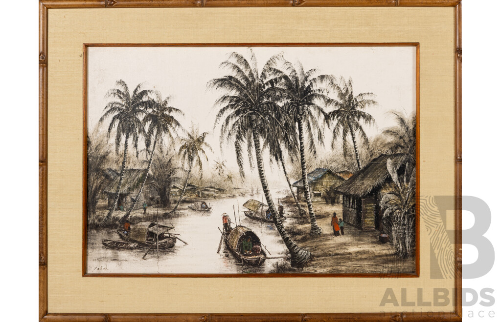 Artists Unknown (20th Century, Asian School), Junks on Water & Fishing Village, Pair of Lovely Vintage Original Oils on Canvas Boards, 51 x 67 cm (frames) (2)
