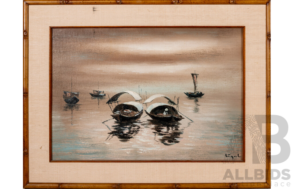 Artists Unknown (20th Century, Asian School), Junks on Water & Fishing Village, Pair of Lovely Vintage Original Oils on Canvas Boards, 51 x 67 cm (frames) (2)
