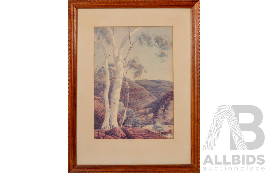 Albert Namatjira (20th Century, Indigenous-Australian, 1902-1959), Ghost Gums [Lyelanama], Vintage Reproduction Colour Print of Original Watercolour, 60 x 45 cm (frame)