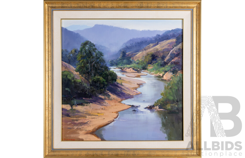Mark Redzic, (20th Century, Australian), River Reflections, Wonderful Original Oil on Canvas Board, 90 x 90 cm (frame)