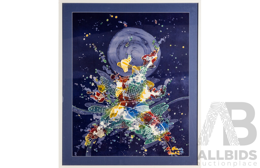 Artist Unknown, (20th Century, Balinese School), Celebration of the Moon, Wonderful Original Contemporary Cloth Batik, 100 x 84 cm (frame)