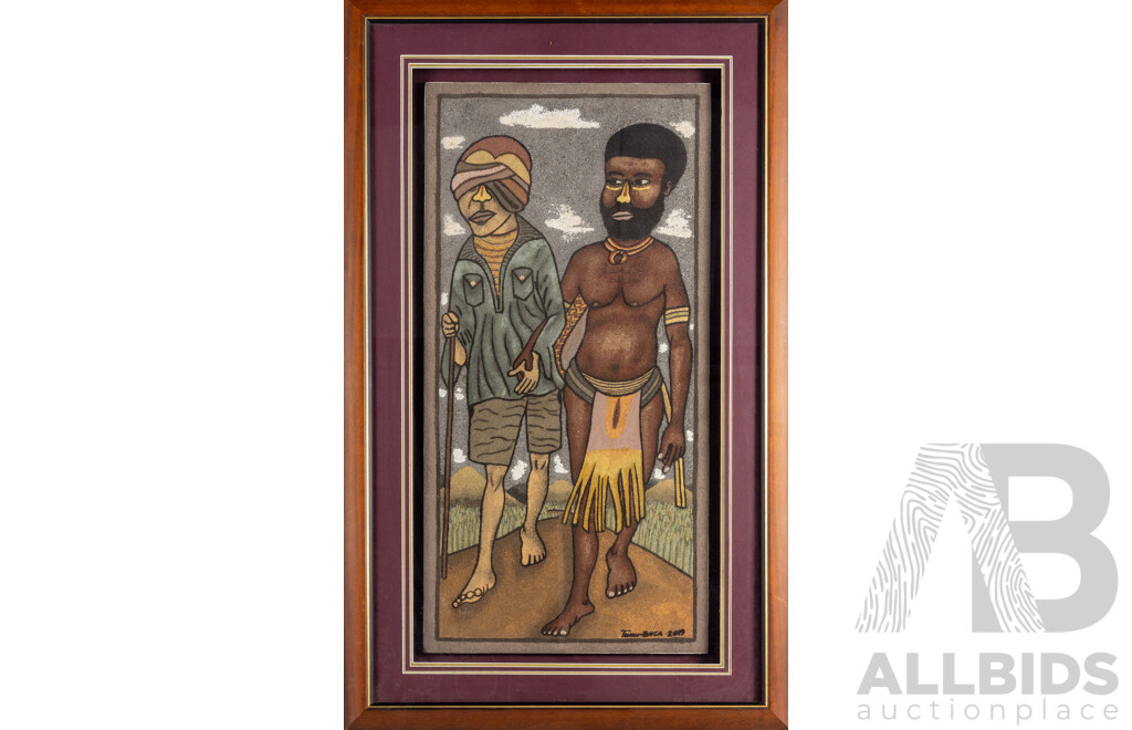 Tumu Busa, (20th Century, Papua New Guinean), Helping the Wounded (2019), Original Coloured Sand on Board, 103 x 63 cm (frame)