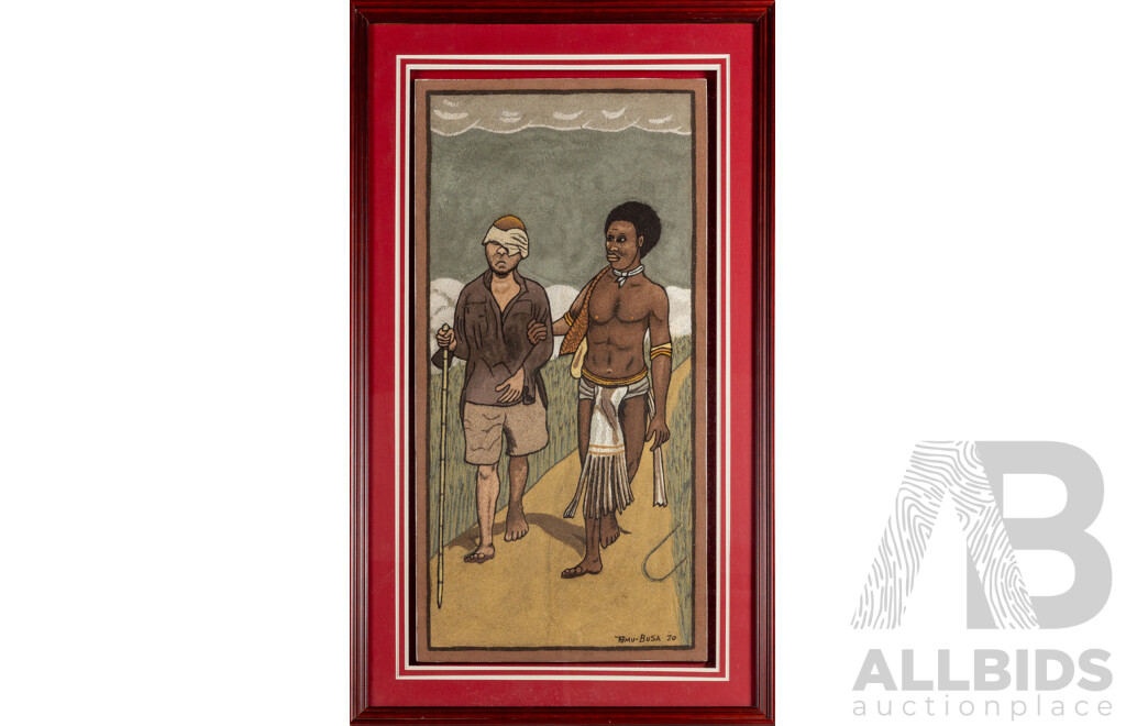 Tumu Busa, (20th Century, Papua New Guinean), Helping the Wounded (2020), Original Coloured Sand on Board, 99 x 59 cm (frame)