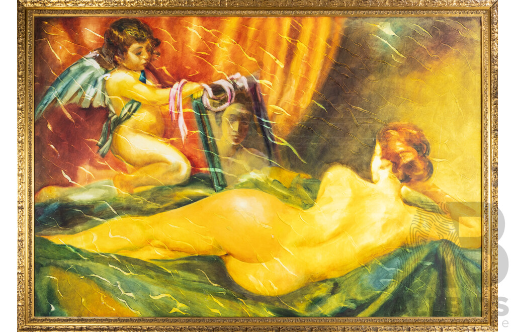 Artist Unknown (20th Century), Reclining Nude, Reflection & Angel, Neo-Baroque Style Embellished Canvas Print, 133 x 193 cm (frame)
