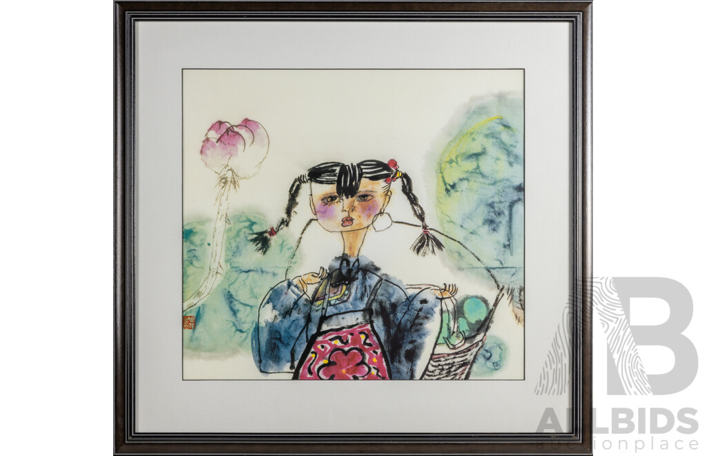 Zhou Jun (20th Century, Chinese, 1965-), Little Girl (1992), Original Reproduction Colour Lithograph After Original, 77 W x 73 H cm (frame)
