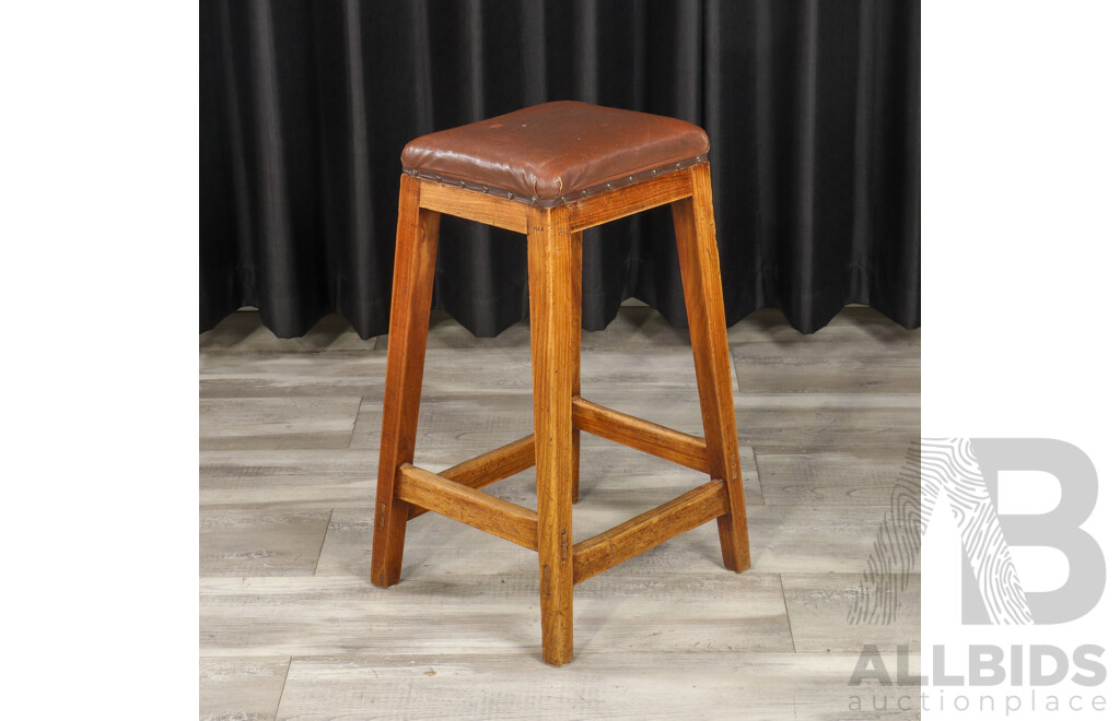 Vintage Oak Leather Top Stool