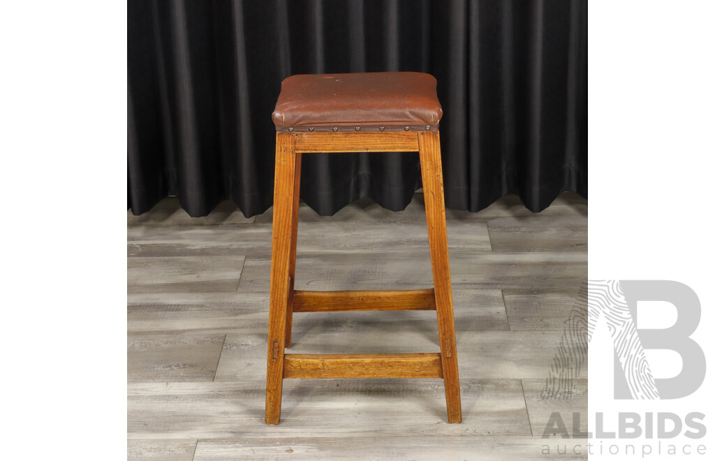 Vintage Oak Leather Top Stool