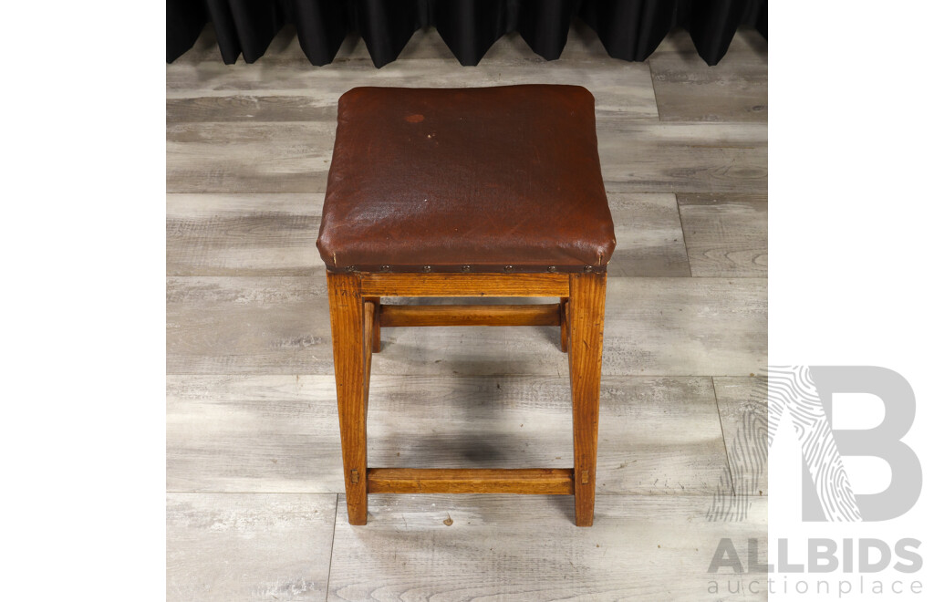 Vintage Oak Leather Top Stool