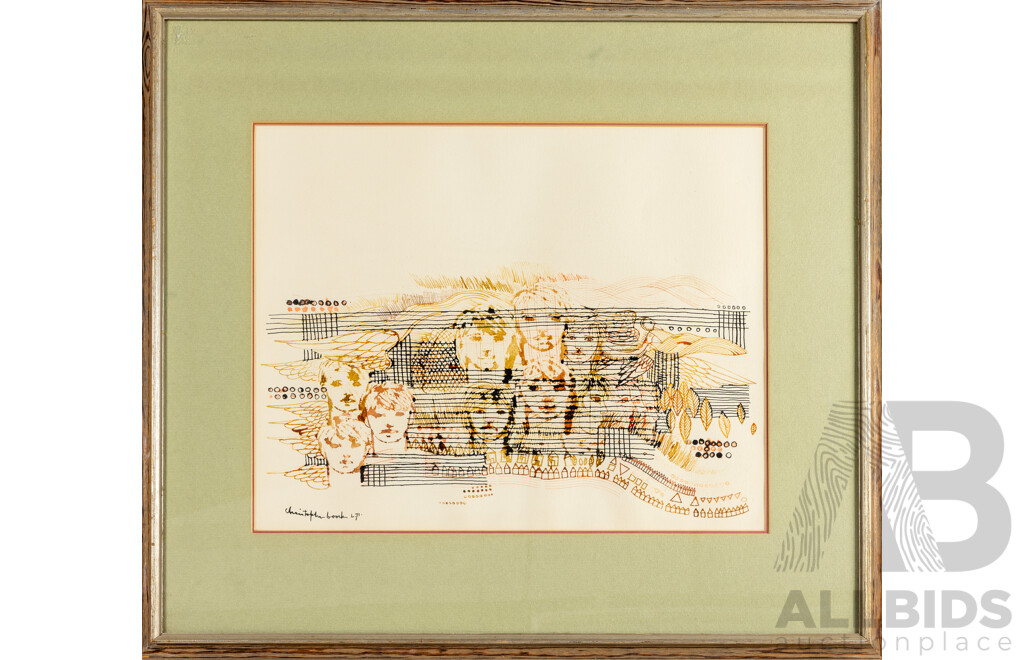 Christopher Boock (20th Century), Sheet Music Landscape with Angels, Original Vintage Pen and Watercolour Sketch, 64H x 70W cm (frame)
